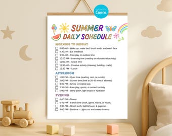 Editable Kids Summer Daily Schedule Template, Kid Schedule Chore Chart, Printable Summer Checklist for Kids, Kids Daily Routine Chart