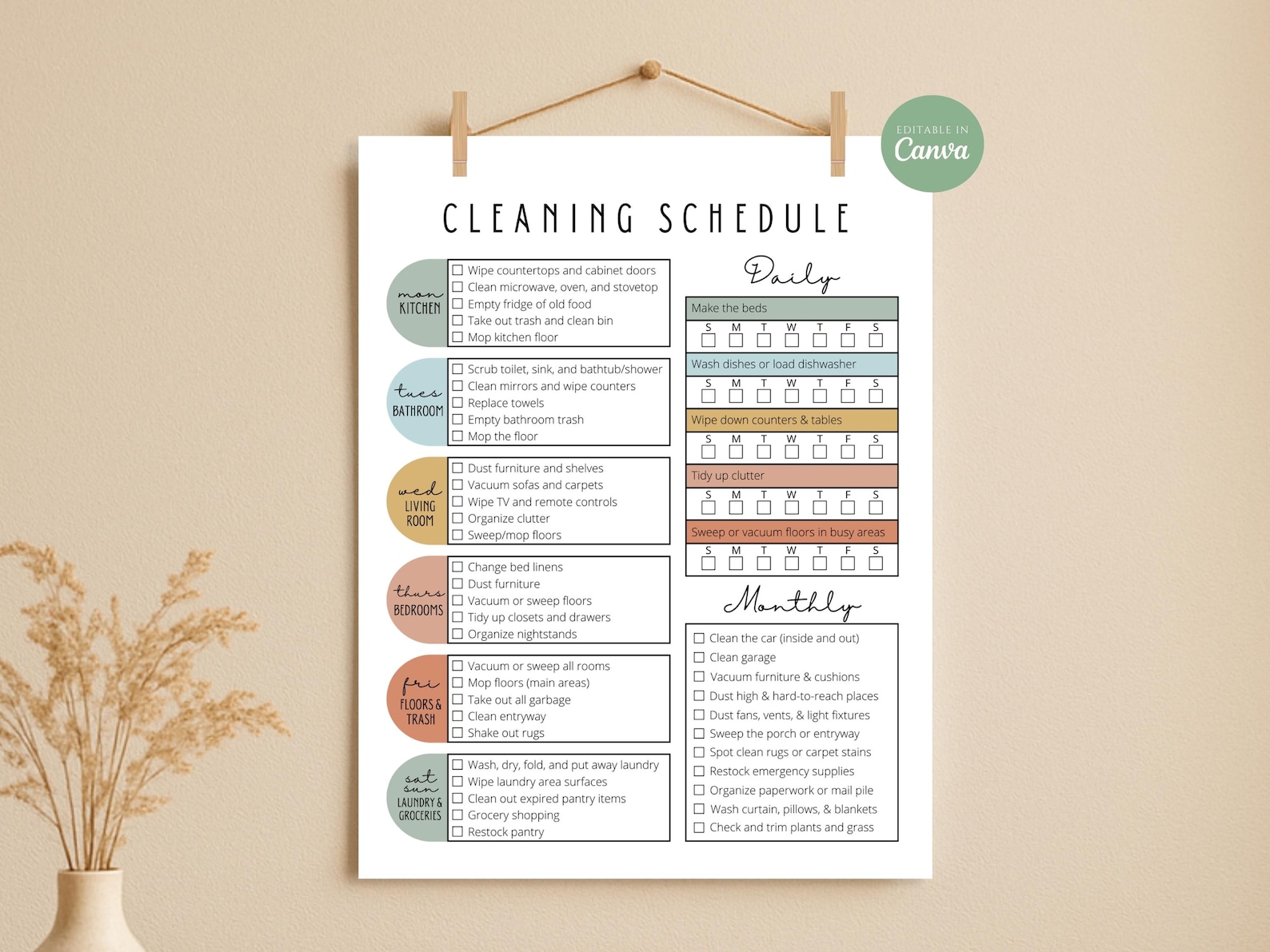 Editable Cleaning Checklist Printable Daily Weekly Monthly Deep ...