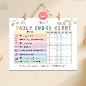 May include: A colorful daily chore chart with the name "Olivia's" at the top. The chart includes tasks like making the bed, eating breakfast, and studying. It is decorated with butterflies, rainbows, and stars. The chart is hanging on a wall.
