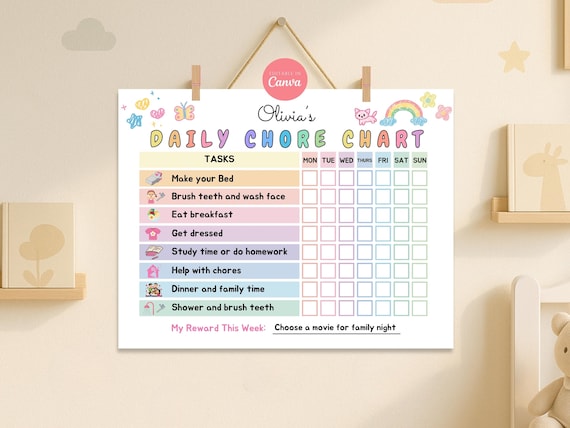 Kids Daily Chore Chart, Customizable Visual Routine, Toddlers Chore Chart, Responsibility Chart for Kids, Canva Digital Download