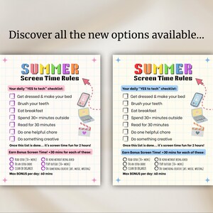 May include: Two colorful checklists titled "SUMMER Screen Time Rules" with a light background. Each checklist includes tasks like getting dressed, eating breakfast, and reading. Illustrations of a phone, laptop, and film clapper are included.