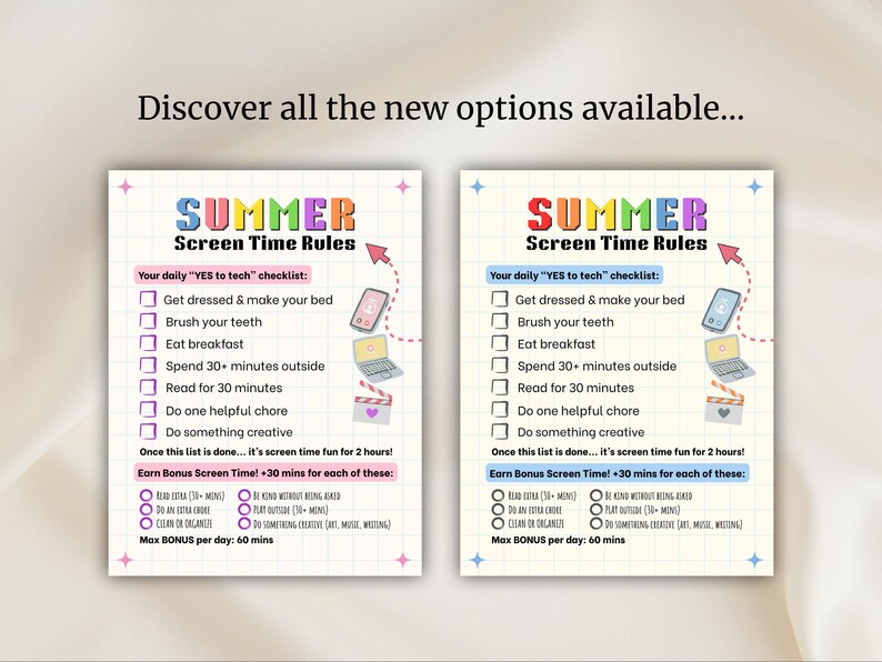 May include: Two colorful checklists titled "SUMMER Screen Time Rules" with a light background. Each checklist includes tasks like getting dressed, eating breakfast, and reading. Illustrations of a phone, laptop, and film clapper are included.
