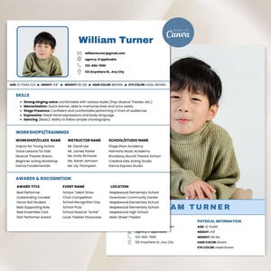 Plantilla de currículum para actor infantil sin experiencia, currículum para actor principiante con foto y carta de presentación, currículum para audición de casting de actor joven