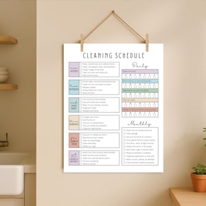 Op de afbeelding: Een afgedrukte schoonmaakplanning, hangend aan een muur. De planning is verdeeld in secties voor de keuken, badkamers, woonkamer, slaapkamers, vloeren & afval en was & boodschappen. Het bevat dagelijkse en maandelijkse taken.