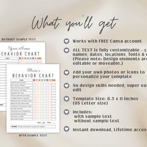 May include: Two white behavior charts with the text "Your Name" and "Olivia's Behavior Chart". The charts have columns for days of the week and a section for tasks. The image also includes the text "What you'll get".
