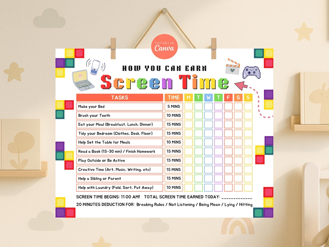 Editable Kids Screentime Chart Printable Daily Screen Time Checklist ...