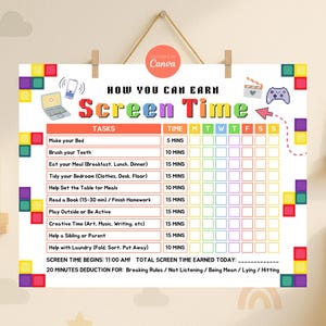 Editable Kids Screentime Checklist Printable Daily Screen Time Chart Earn Screen Time Rules for Kids To Do Lists Screentime Chore Chart