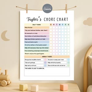 Bewerkbaar wekelijks takenoverzicht voor kinderen, tieners, pre-tieners, dagelijkse en wekelijkse verantwoordelijkhedenlijst, schema voor huishoudelijke taken voor tieners