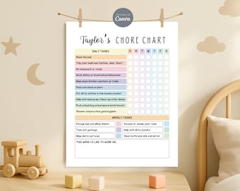 May include: A white chore chart titled Taylor's CHORE CHART with pastel-colored rows for daily tasks like making the bed and weekly tasks like taking out garbage. It features a grid for tracking progress across the seven days of the week.