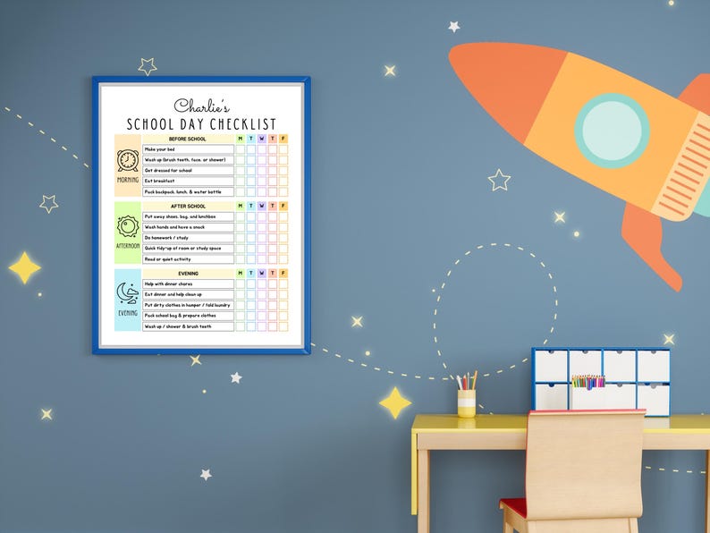 May include: A framed school day checklist titled Charlie's SCHOOL DAY CHECKLIST with sections for morning, afternoon, and evening tasks. The chart features icons for a clock, sun, and moon, with columns for days of the week and checkboxes.