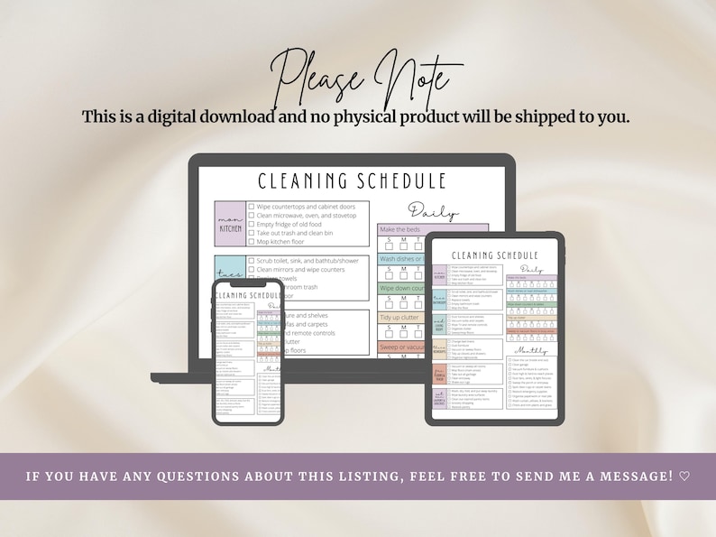 Op de afbeelding: Een digitale schoonmaakplanning weergegeven op een laptop, tablet en smartphone. De planning bevat dagelijkse en maandelijkse taken, met de tekst "Please Note" en "This is a digital download and no physical product will be shipped to you."