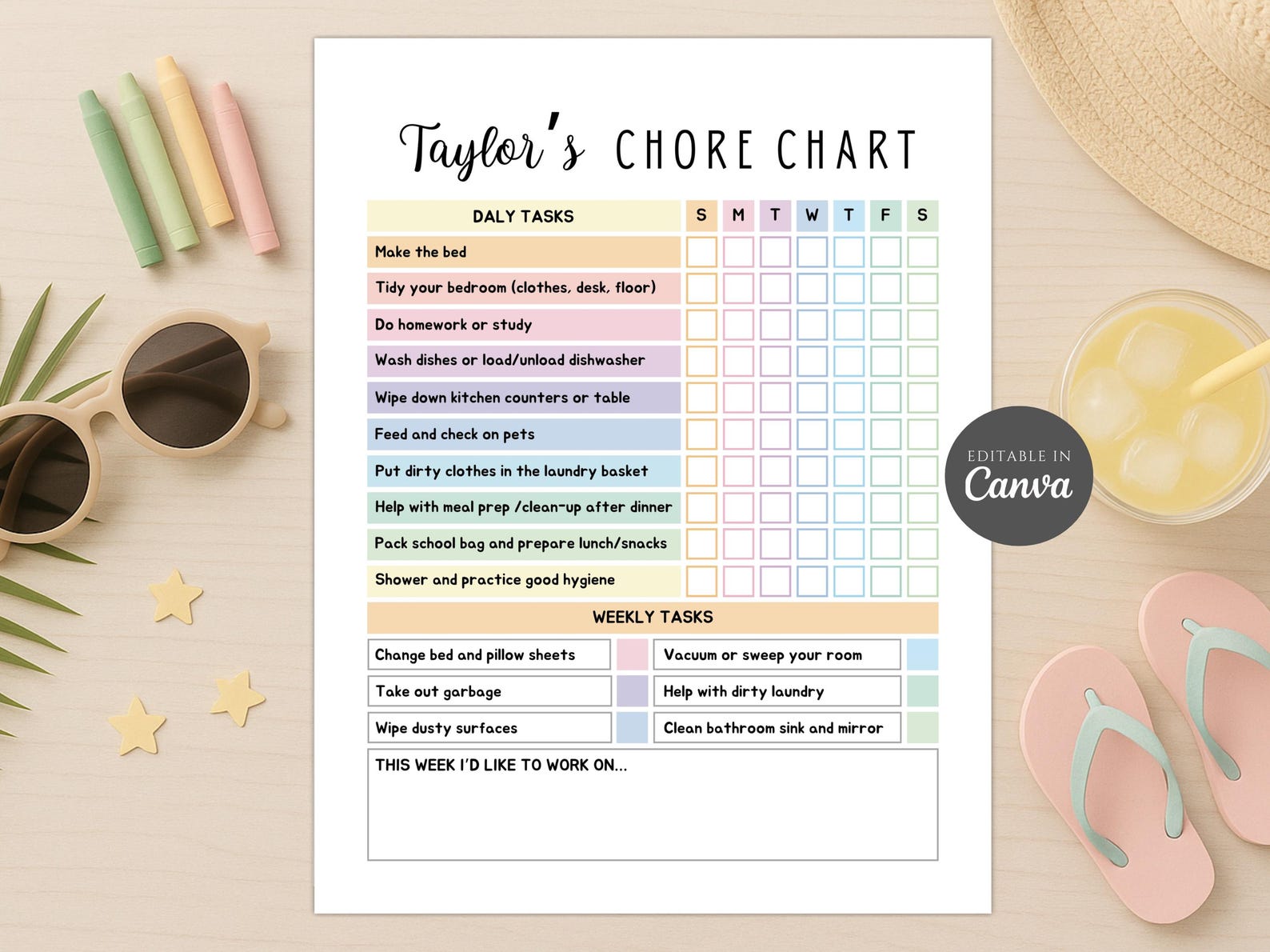 Editable Weekly Chore Chart Kids Teens Tweens Pre-teens Daily and ...