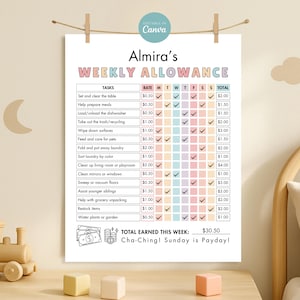 Weekly Allowance Chart For Kids, Pre-Teens, Tweens, Teens Editable Reward Allowance Chore Tracker Printable How To Earn Money Chore Chart