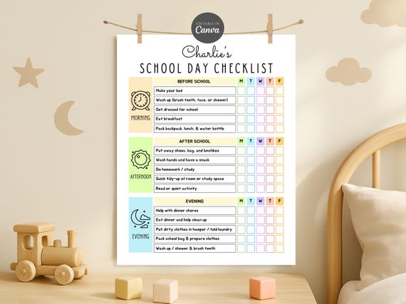 Editable School Daily Checklist for Teens Tweens Pre-Teens Kids Chore Chart, Before and After School Daily Routine Chart, Kid School Planner