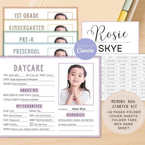School Memory Box Kit File Folder Cover, Tabs, and Box Name Label, Memory Keepsake File Folder Sheets, Box Kids Milestone Pages Editable