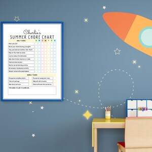 May include: A framed "Charlie's Summer Chore Chart" with daily and weekly tasks, set against a blue wall with a rocket and stars. A yellow desk and chair are in the foreground.