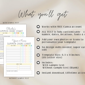 May include: Two printable summer chore charts, one with sample text and one blank, with a pastel rainbow color scheme. The charts are 8.5 x 11 inches and customizable with a free Canva account.