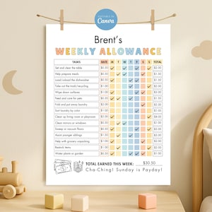 Editable Weekly Allowance Chore Chart For Kids, Pre-Teens, Tweens, Teens Rewarding Chart Kids Allowance Tracker Kids Incentive Chart, Canva