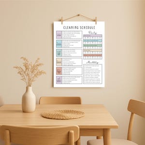 Op de afbeelding: Een witte schoonmaakrooster poster met een pastel kleurenschema hangt aan een muur. De poster wordt vastgehouden door een houten clip en touw. Het schema is verdeeld in dagelijkse en maandelijkse taken.