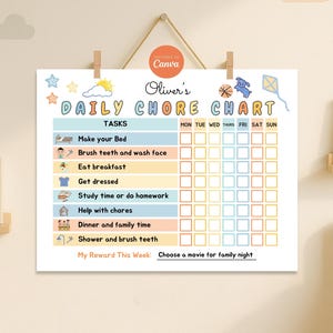 May include: A child's daily chore chart with a cheerful design, listing tasks such as 'Make your Bed' and 'Eat breakfast'. It has spaces to track daily progress and a section for rewards. The chart is decorated with fun illustrations.
