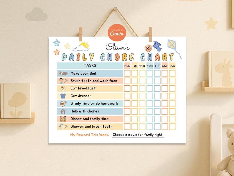 Editable Kids Daily Routine Chore Chart, Kid Responsibility Chart ...