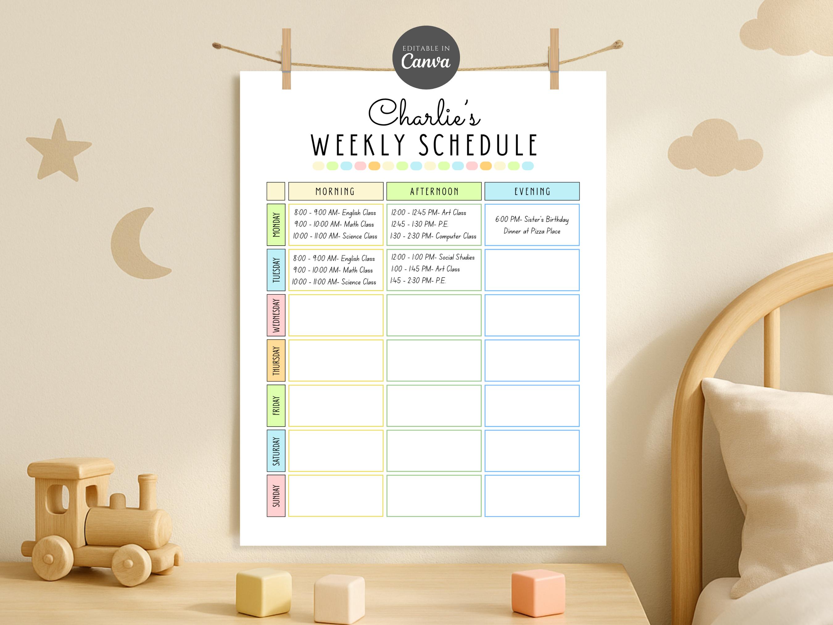 Editable Weekly Schedule for Teens Tweens Pre-teen Kids Weekly Planner ...