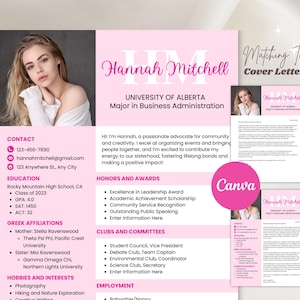 Plantilla editable de currículum rosa para hermandad con foto y carta de presentación / Paquete de currículum social para hermandades de Greek Life College