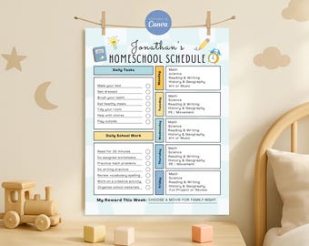 Editable Homeschool Schedule for Kids and Teens, Printable Homeschool Checklist Template, Homeschooling Planner, Editable in Canva