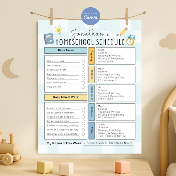 Editable Homeschool Schedule for Kids and Teens, Printable Homeschool Checklist Template, Homeschooling Planner, Editable in Canva