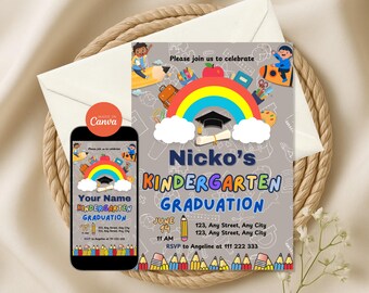Editable Kindergarten Graduation Boy Invitation Template Preschool Pre-K Kids Class Party Announcement Invite School Grad Class of 2025