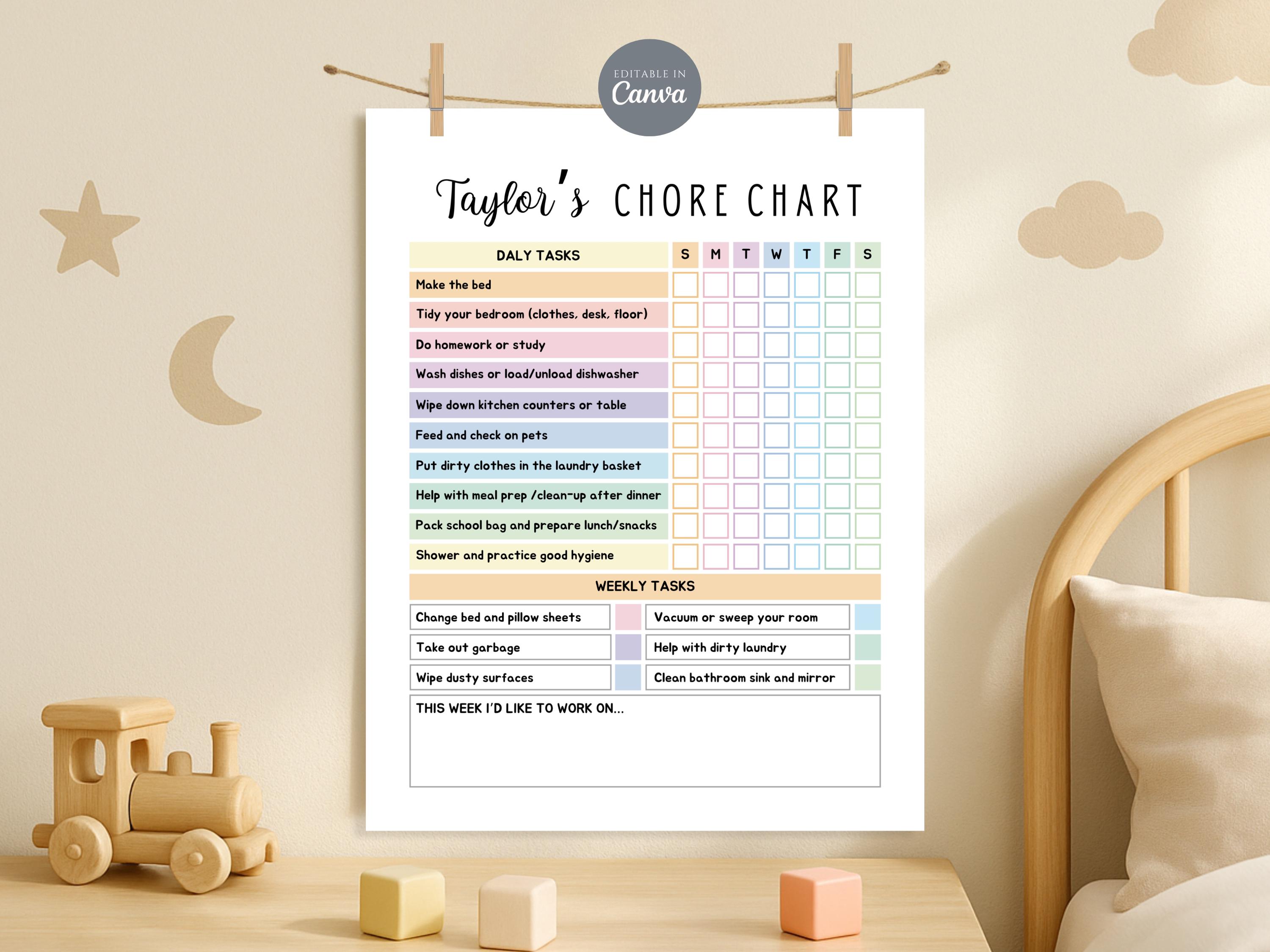 Editable Weekly Chore Chart Kids Teens Tweens Pre-teens Daily and ...