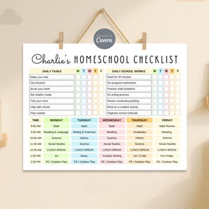 Editable Homeschool Checklist Template, Printable Schoolday Routine, Homeschooler Kids and Teens Homeschool Schedule Planner, Edit in Canva