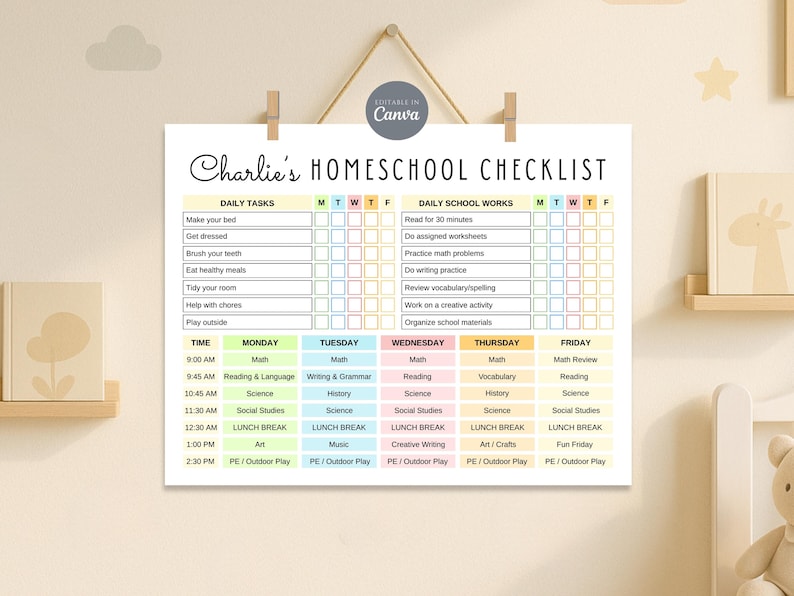 May include: A colorful homeschool checklist titled "Charlie's Homeschool Checklist" with daily tasks and school work sections. The schedule includes subjects like Math, Reading, and Science, with times and days of the week listed. The checklist is held by wooden clips.