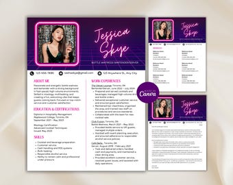 Bottle Girl, Waitress, Bartender Resume Template with Photo, Club Server Resume, Waiter Resume, Nightclub Resume, Customizable in Canva