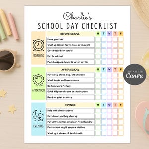 May include: A printable school day checklist titled Charlie's School Day Checklist, organized into morning, afternoon, and evening sections with daily task boxes for Monday through Friday. The document features icons for a clock, sun, and moon.