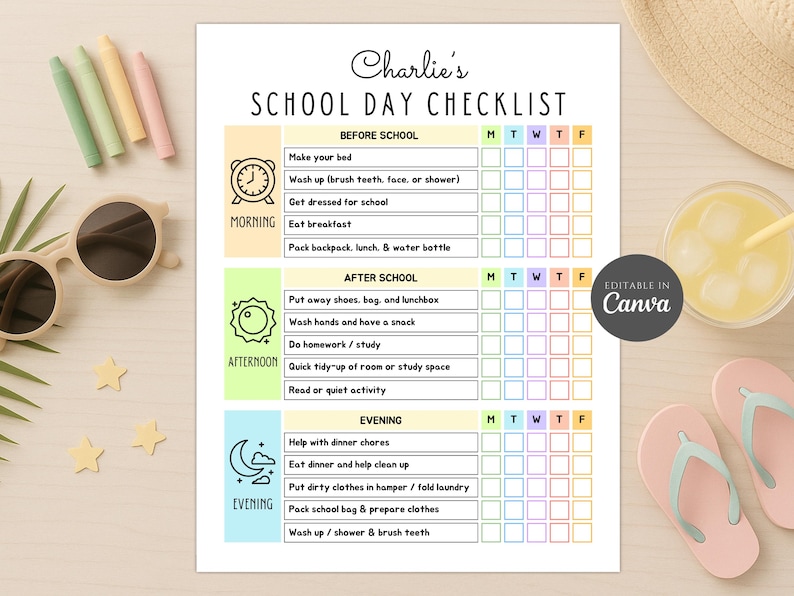 May include: A printable school day checklist titled Charlie's School Day Checklist, organized into morning, afternoon, and evening sections with daily task boxes for Monday through Friday. The document features icons for a clock, sun, and moon.
