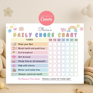 Może przedstawiać: Kolorowy wykres codziennych obowiązk&oacute;w zatytułowany "Olivia's Daily Chore Chart". Wykres zawiera zadania takie jak ścielenie ł&oacute;żka, mycie zęb&oacute;w i nauka. Wykres jest ozdobiony tęczami, kwiatami i r&oacute;żowym okręgiem z napisem "Editable in Canva".