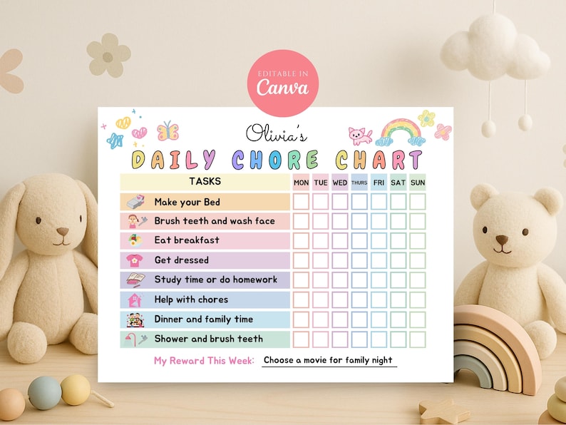 Może przedstawiać: Kolorowy wykres codziennych obowiązk&oacute;w zatytułowany "Olivia's Daily Chore Chart". Wykres zawiera zadania takie jak ścielenie ł&oacute;żka, mycie zęb&oacute;w i nauka. Wykres jest ozdobiony tęczami, kwiatami i r&oacute;żowym okręgiem z napisem "Editable in Canva".