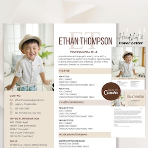 Modèle de CV pour enfant acteur, CV pour enfant par intérim avec photo de la tête et photo de couverture, CV pour audition de casting pour enfants acteurs, CV modèle enfant Canva