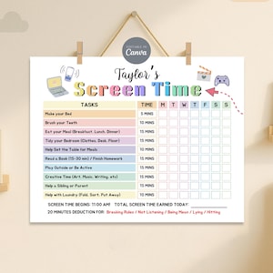 May include: A colorful screen time chart titled "Taylor's Screen Time" with a list of tasks and time slots. The chart includes tasks like making the bed, brushing teeth, and reading. The chart is hanging on a wall.