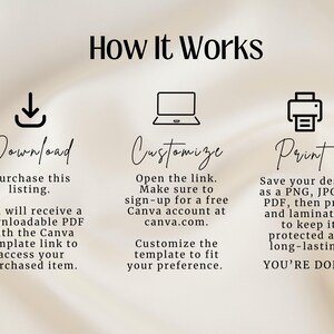 Może przedstawiać: Infografika zatytułowana &bdquo;How It Works&rdquo; z trzema krokami: Pobierz, Dostosuj i Drukuj. Każdy krok zawiera kr&oacute;tki opis i ikonę. Tło jest w miękkim, neutralnym kolorze.