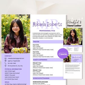 Plantilla de currículum para actor infantil, currículum de actor infantil con foto y carta de presentación, currículum para audiciones de casting para actores infantiles, currículum de modelo joven