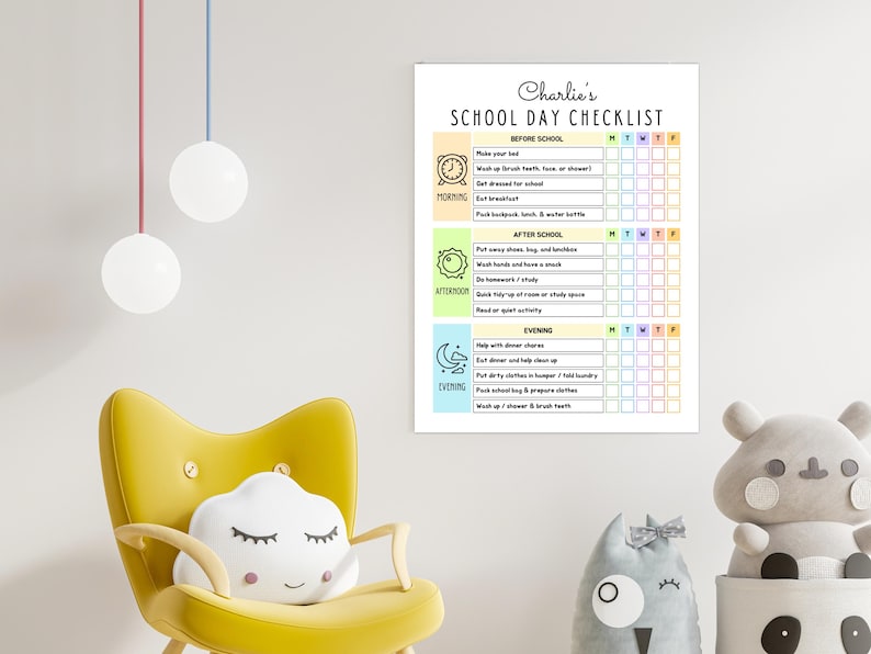 May include: A white rectangular wall poster titled Charlie's SCHOOL DAY CHECKLIST. The chart is divided into Morning, Afternoon, and Evening sections with icons for each, featuring daily task rows and columns for Monday through Friday.