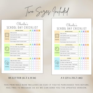 May include: Two printable school day checklists titled Charlie's School Day Checklist, featuring morning, afternoon, and evening sections with icons and checkboxes for days of the week. Includes US Letter 8.5 x 11 in and A4 21 x 29.7 cm sizes.