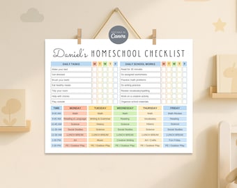 Editable Homeschool Checklist Template, Printable Schoolday Routine, Homeschooler Kids and Teens Homeschool Schedule Planner, Edit in Canva