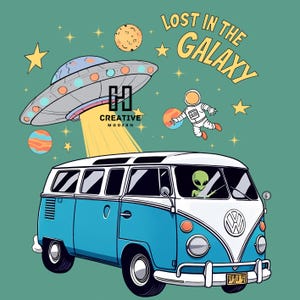 Diseño de furgoneta retro Perdido en la Galaxia PNG: Fantástico viaje extraterrestre, secuestro ovni y aventura espacial. Divertido PNG de ciencia ficción para camisetas y pegatinas.