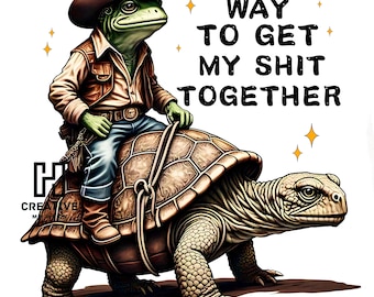 Rana vaquera divertida montando una tortuga PNG: Clipart del Oeste (Descarga digital)