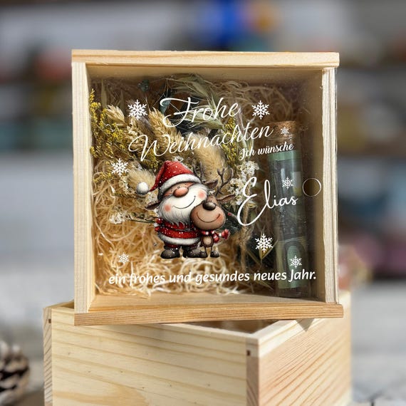 Personalisierte Holzkiste Frohe Weihnachten I Ich wünsche | Geldgeschenk-Verpackung Holz mit Elch-Design und Neujahrswünschen