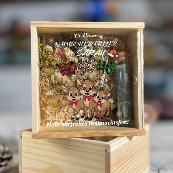 Personalisierte Holzkiste Wunscherfüller mit HO HO HO | Geldgeschenk-Verpackung Holz Rentiere | Für ein frohes Weihnachtsfest