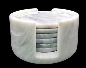 Handmade White Marble Coasters , Set of 6 Round Tea and Coffee Mats UK